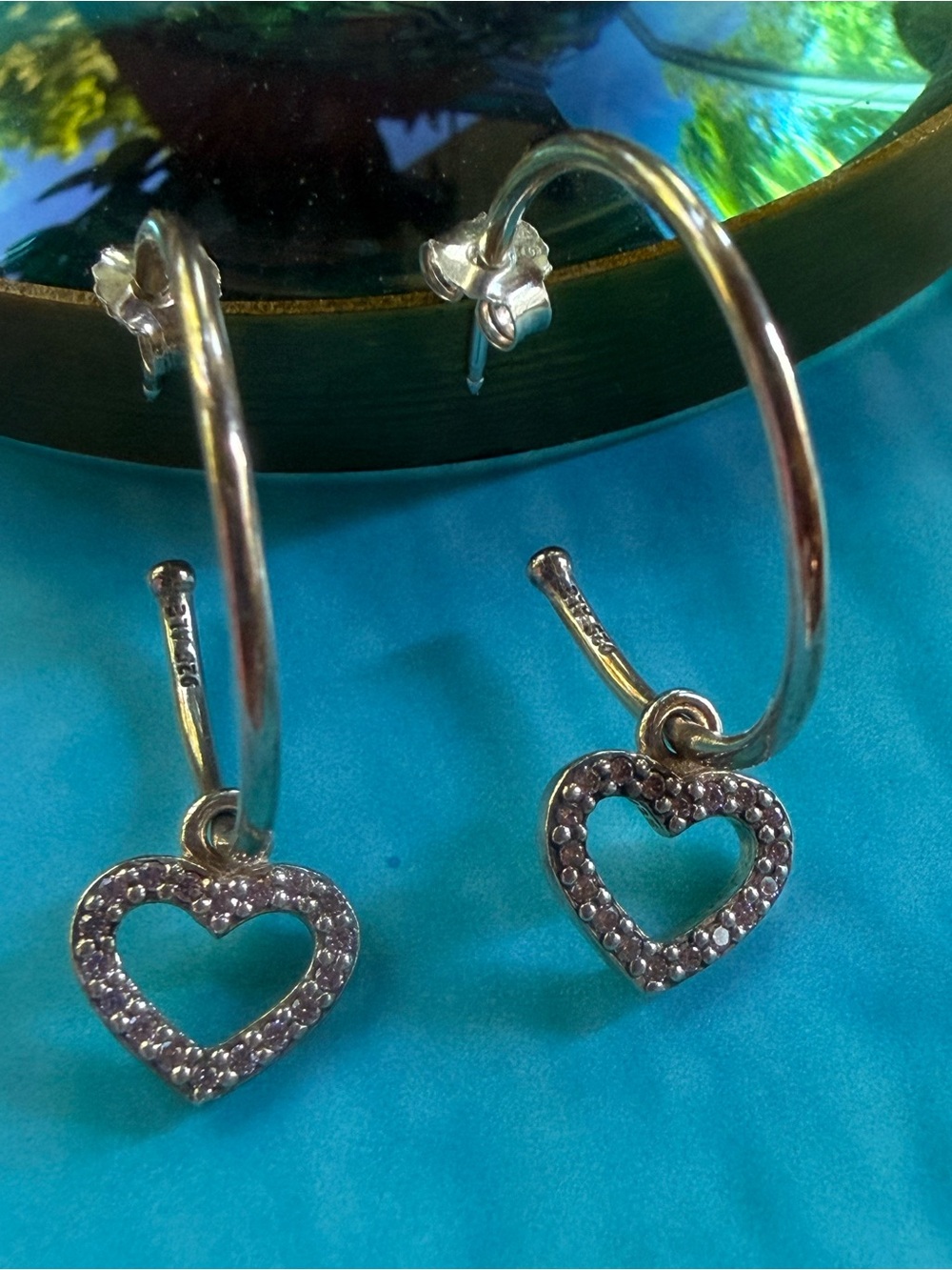RETIRED PANDORA COMPOSE MEDIUM HOOPS 925 ALE PINK CZ HEART STERLING SILVER